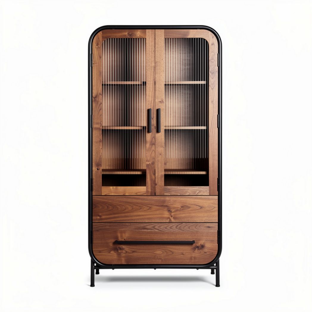 Houten kast met glazen deuren en metalen frame 180 x 80 x 40cm
