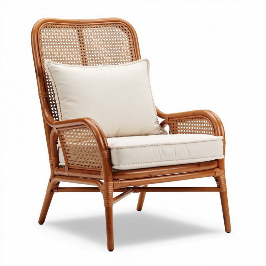 Rieten fauteuil met beige kussen en afmetingen 80 x 70 x 100cm