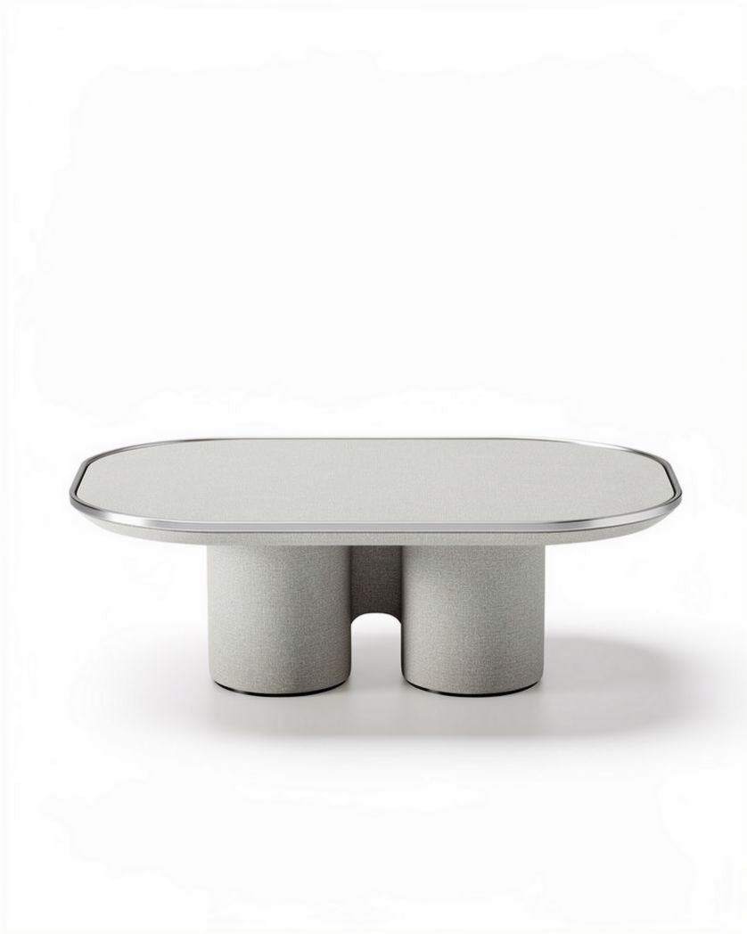 Ovale tafel van metaal en glas in lichtgrijs met afmetingen 120 x 80 x 40cm