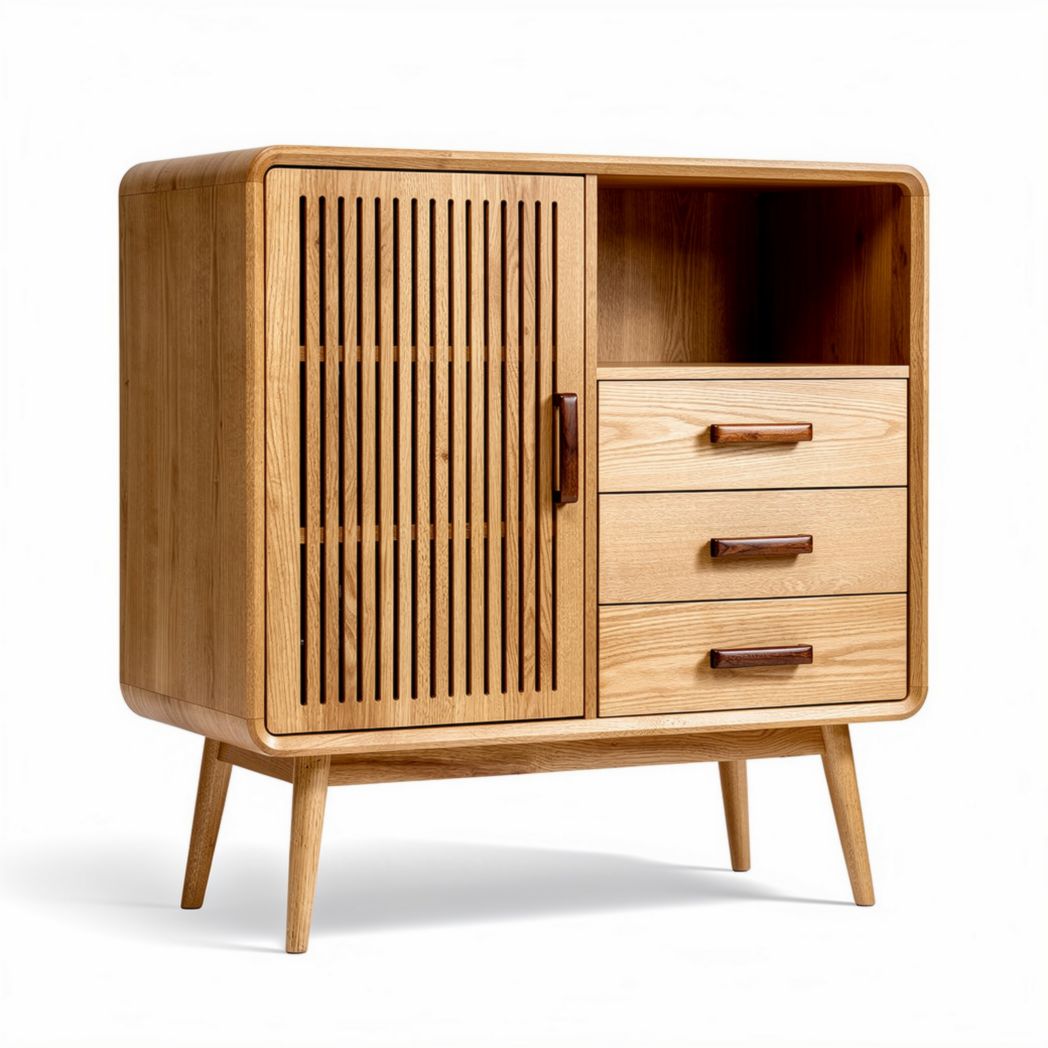 Houten dressoir met open vak en drie lades in natuurlijk eiken 80 x 45 x 85cm