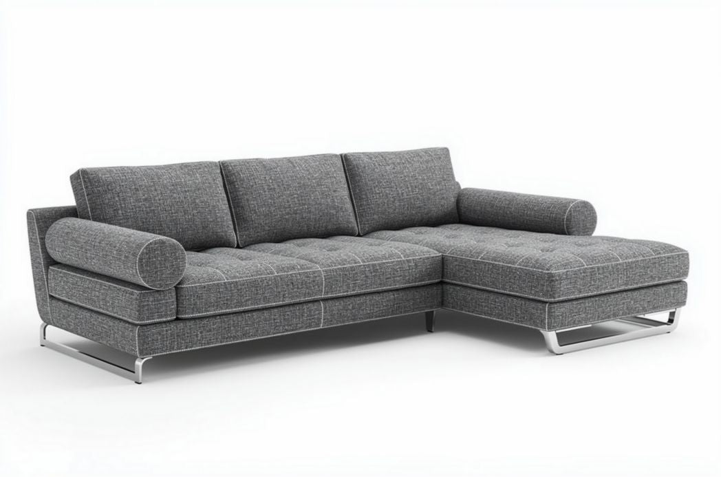 Grijs stoffen hoekbank met metalen poten 240 x 150 x 85cm